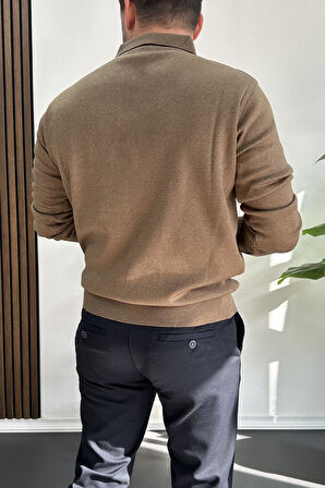 Erkek Düğmeli Polo Yaka Kazak Kahverengi Edw231