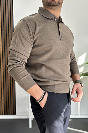 Erkek Düğmeli Polo Yaka Kazak Açık Kahverengi Edw231