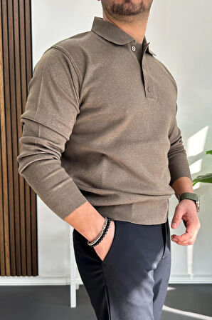 Erkek Düğmeli Polo Yaka Kazak Açık Kahverengi Edw231