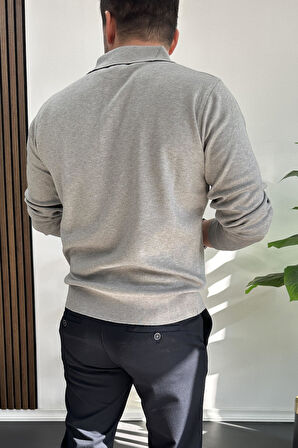 Erkek Düğmeli Polo Yaka Kazak Gri Edw231