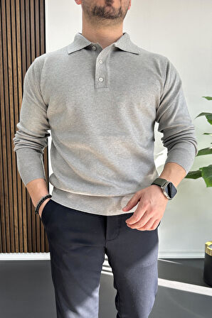 Erkek Düğmeli Polo Yaka Kazak Gri Edw231
