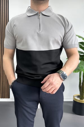Erkek Renk Bloklu Polo Yaka Yarım Fermuarlı Tişört Siyah Edw234