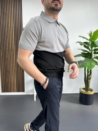 Erkek Renk Bloklu Polo Yaka Yarım Fermuarlı Tişört Siyah Edw234