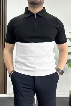 Erkek Renk Bloklu Polo Yaka Yarım Fermuarlı Tişört Beyaz Edw234