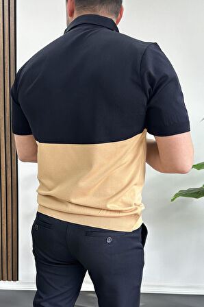 Erkek Renk Bloklu Polo Yaka Yarım Fermuarlı Tişört Lacivert Edw234