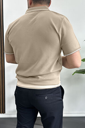 Erkek Açık Yaka Şerit Detaylı Tişört Vizon Edw235