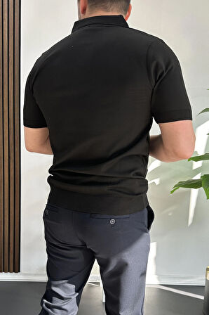 Erkek Açık Yaka Çizgli Tişört Siyah Edw236