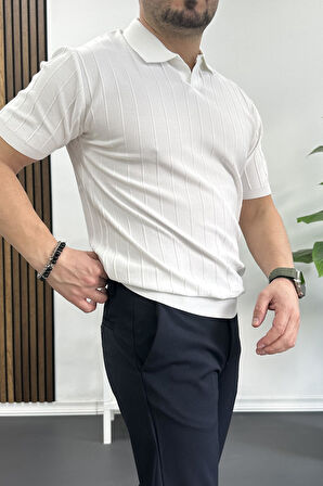 Erkek Açık Yaka Desenli Tişört Beyaz Edw238