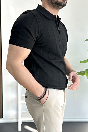 Erkek Yarım Fermuarlı Polo Yaka Tişört Siyah Edw257