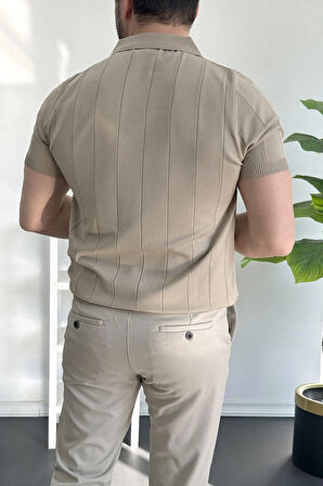 Erkek Yarım Fermuarlı Polo Yaka Tişört Vizon Edw257