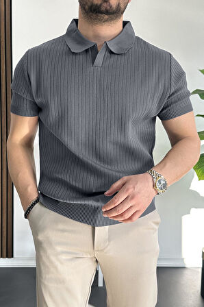 Erkek Açık Yaka Çizgili Desenli Tişört Füme Edw258