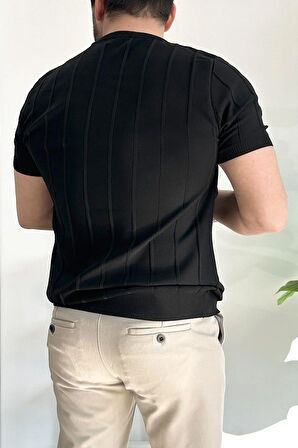 Erkek Bisiklet Yaka Desenli Tişört Siyah Edw260