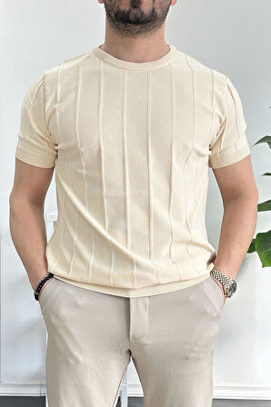 Erkek Bisiklet Yaka Desenli Tişört Krem Edw260