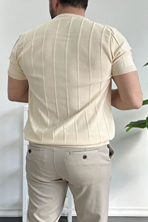 Erkek Bisiklet Yaka Desenli Tişört Krem Edw260