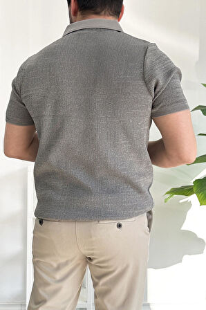 Erkek Polo Yaka Fermuarlı Renk Desenli Tişört Gri Edw263
