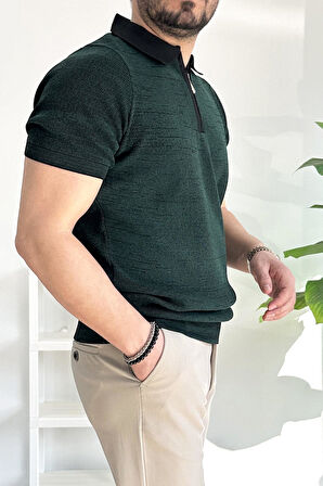 Erkek Polo Yaka Fermuarlı Renk Desenli Tişört Koyu Yeşil Edw263