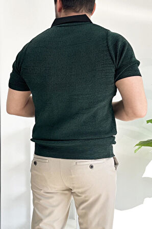 Erkek Polo Yaka Fermuarlı Renk Desenli Tişört Koyu Yeşil Edw263