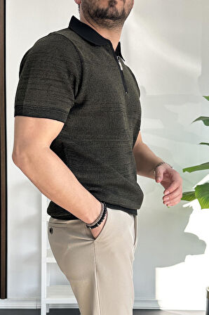Erkek Polo Yaka Fermuarlı Renk Desenli Tişört Haki Edw263