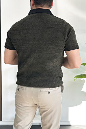 Erkek Polo Yaka Fermuarlı Renk Desenli Tişört Haki Edw263