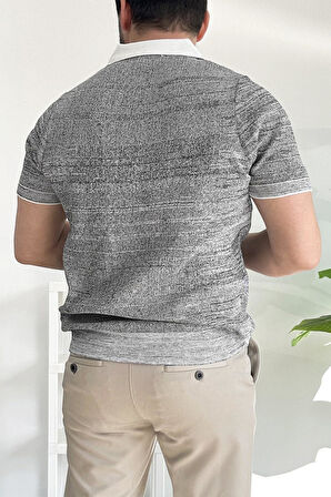 Erkek Polo Yaka Fermuarlı Renk Desenli Tişört Siyah Edw263