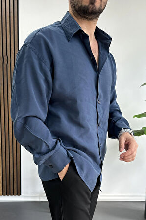 Erkek Salaş Modal Kumaş Gömlek Mavi Edw267