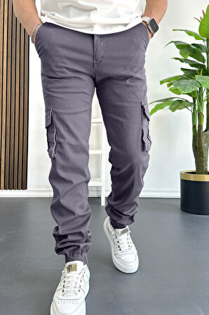 Erkek Paçası Lastikli Kargo Cepli Pantolon Füme Edw353