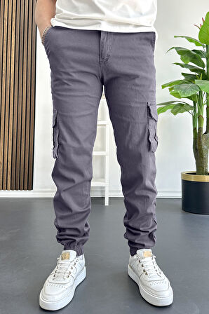 Erkek Paçası Lastikli Kargo Cepli Pantolon Füme Edw353