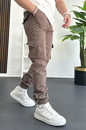 Erkek Paçası Lastikli Kargo Cepli Pantolon Koyu Kahverengi Edw353