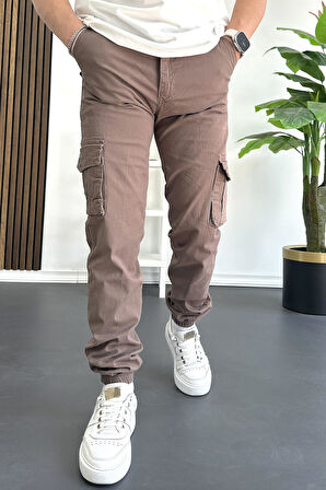 Erkek Paçası Lastikli Kargo Cepli Pantolon Koyu Kahverengi Edw353