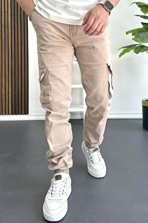 Erkek Paçası Lastikli Kargo Cepli Pantolon Açık Kahverengi Edw353