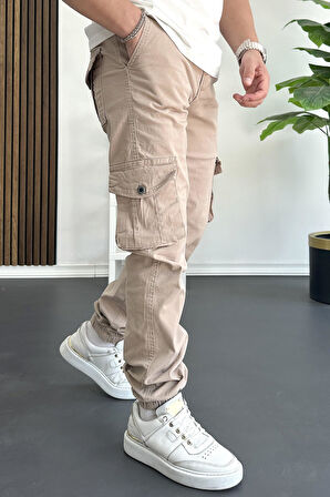 Erkek Paçası Lastikli Kargo Cepli Pantolon Açık Kahverengi Edw353