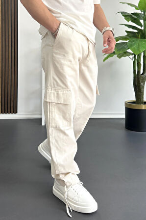 Erkek Kargo Cepli Paçası Ayarlanabilir Baggy Pantolon Krem Edw355