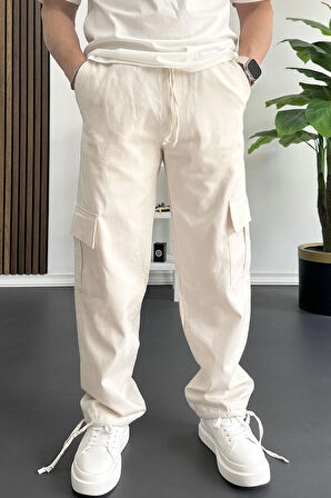 Erkek Kargo Cepli Paçası Ayarlanabilir Baggy Pantolon Krem Edw355