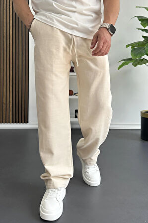 Erkek Beli Lastikli Baggy Kalıp Pantolon Krem Edw356