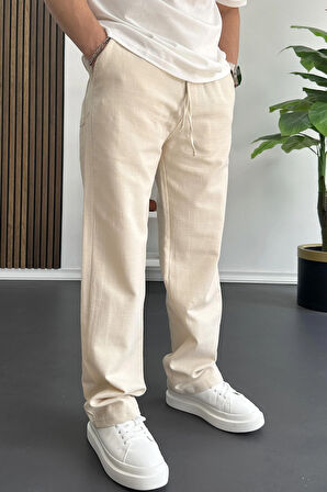 Erkek Beli Lastikli Baggy Kalıp Pantolon Krem Edw356