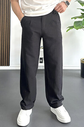 Erkek Beli Düğmeli Baggy Kalıp Pileli Pantolon Siyah Edw357