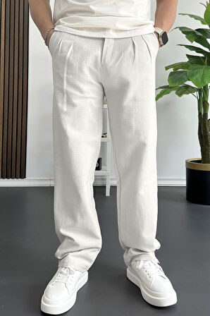 Erkek Beli Düğmeli Baggy Kalıp Pileli Pantolon Beyaz Edw357