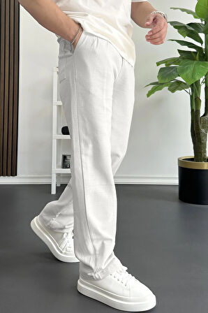 Erkek Beli Düğmeli Baggy Kalıp Pileli Pantolon Beyaz Edw357