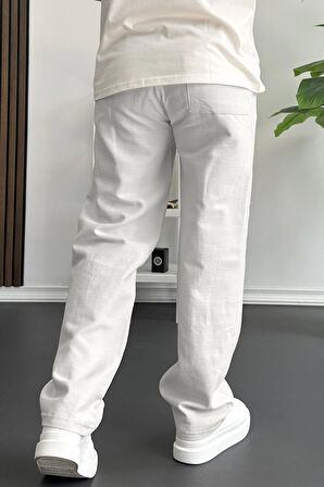 Erkek Beli Düğmeli Baggy Kalıp Pileli Pantolon Beyaz Edw357