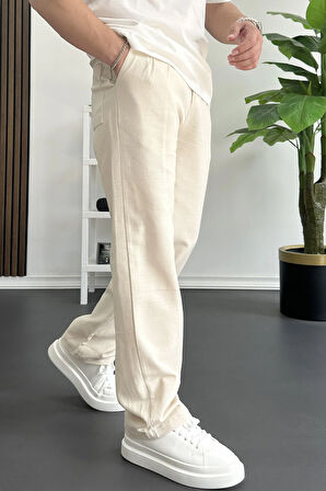 Erkek Beli Düğmeli Baggy Kalıp Pileli Pantolon Krem Edw357