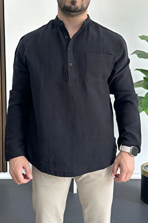 Erkek Hakim Yaka Yarım Patlı Cepli Gömlek Siyah Edw361