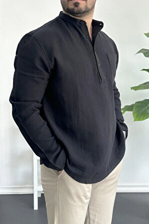 Erkek Hakim Yaka Yarım Patlı Cepli Gömlek Siyah Edw361