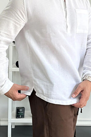 Erkek Hakim Yaka Yarım Patlı Cepli Gömlek Beyaz Edw361