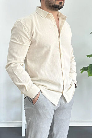 Erkek Krinkıl Kumaş Gömlek Krem Edw362