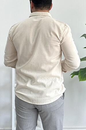 Erkek Krinkıl Kumaş Gömlek Krem Edw362