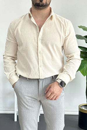 Erkek Krinkıl Kumaş Gömlek Krem Edw362
