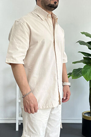 Erkek Oversize Büyük Kalıp Pamuklu Kumaş Krem edw363