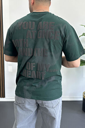 Erkek Oversize Ön ve Arka Kabartmalı Slogan Baskılı Tişört Yeşil Edw368
