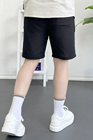Erkek Beli Lastikli Keten Kumaş Şort Siyah Edw370