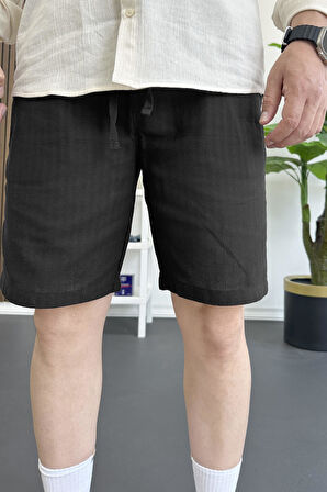 Erkek Beli Lastikli Keten Kumaş Şort Siyah Edw370